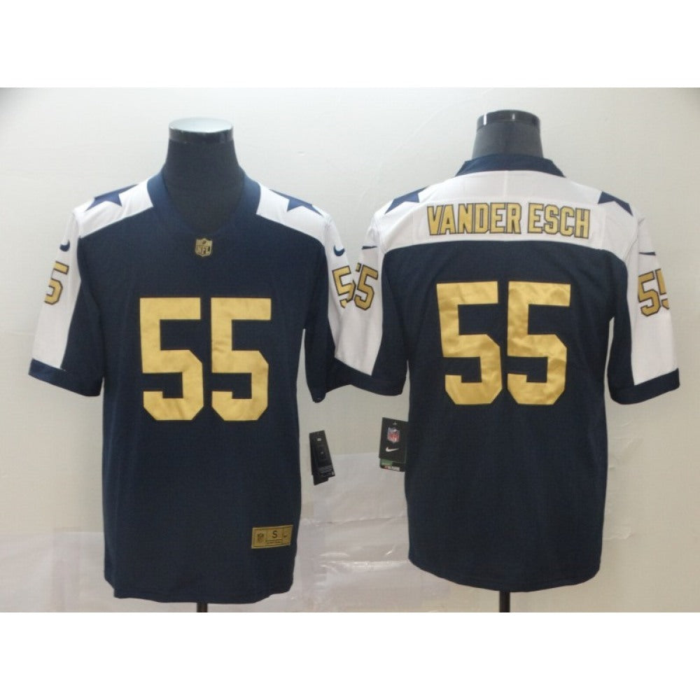 Men's Dallas Cowboys #55 Leighton Vander Esch Navy Blue Thanksgiving Throwback Gold Limited Stitched NFL Jersey 