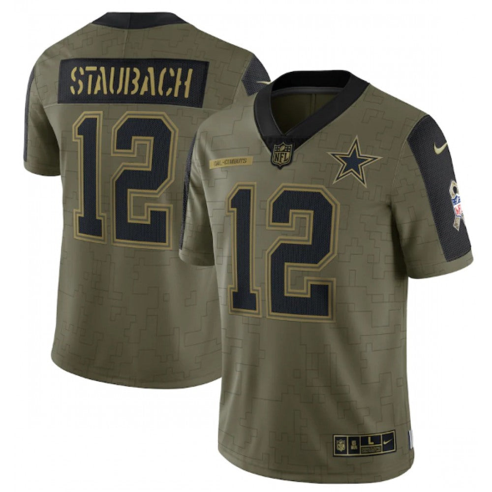 Men's Dallas Cowboys #12 Roger Staubach 2021 Olive Salute To Service Limited Stitched Jersey 