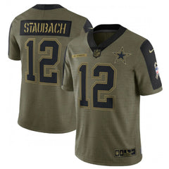 Men's Dallas Cowboys #12 Roger Staubach 2021 Olive Salute To Service Limited Stitched Jersey 