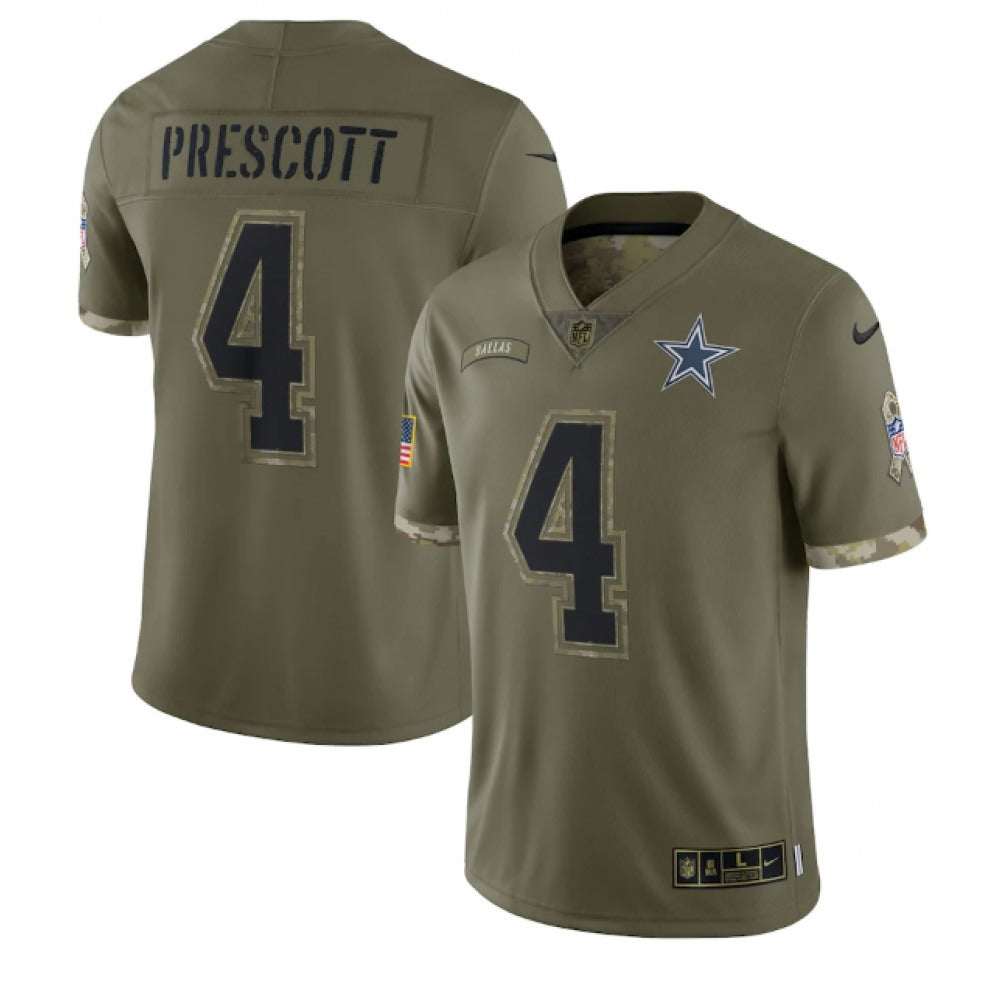 Men's Dallas Cowboys #4 Dak Prescott Olive 2022 Salute To Service Limited Stitched Jersey 