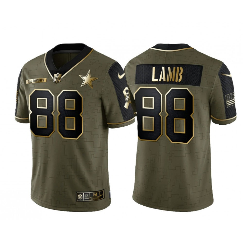 Men's Dallas Cowboys #88 CeeDee Lamb 2021 Olive Salute To Service Golden Limited Stitched Jersey 