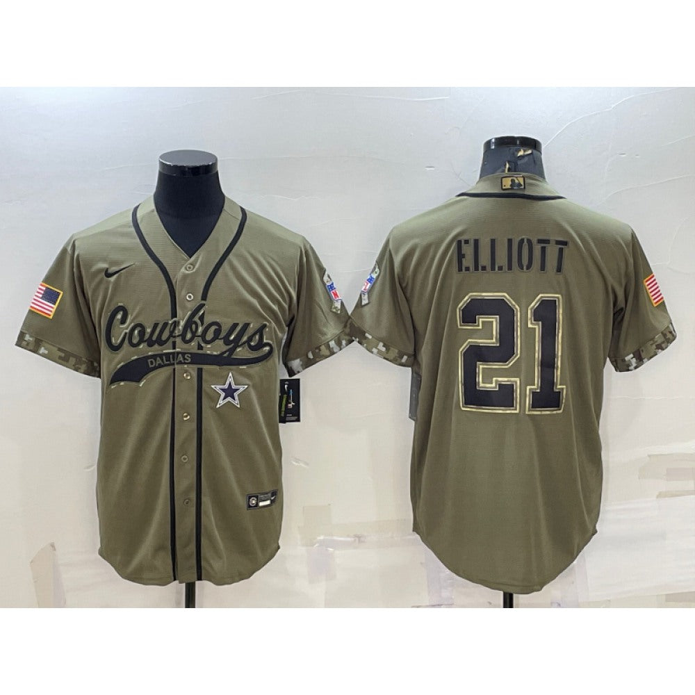 Men's Dallas Cowboys #21 Ezekiel Elliott 2022 Olive Salute to Service Cool Base Stitched Baseball Jersey 