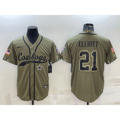Men's Dallas Cowboys #21 Ezekiel Elliott 2022 Olive Salute to Service Cool Base Stitched Baseball Jersey 
