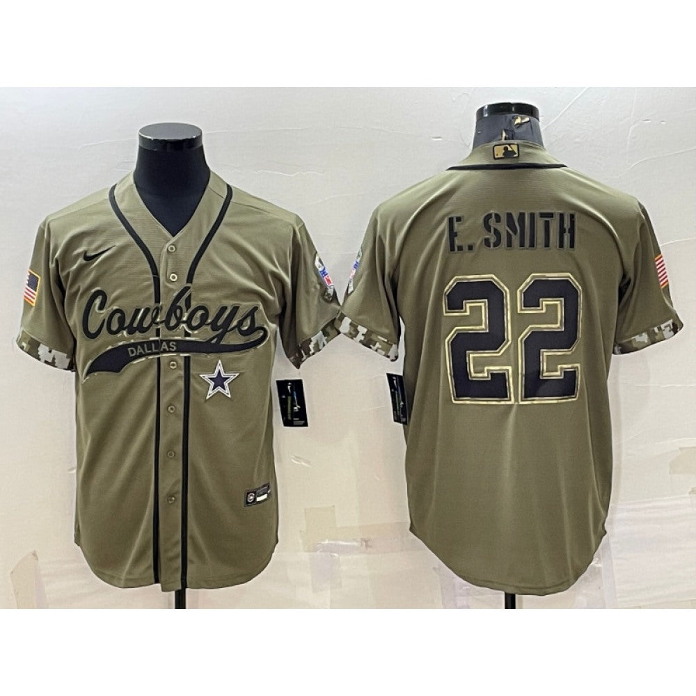 Men's Dallas Cowboys #22 Emmitt Smith 2022 Olive Salute to Service Cool Base Stitched Baseball Jersey 