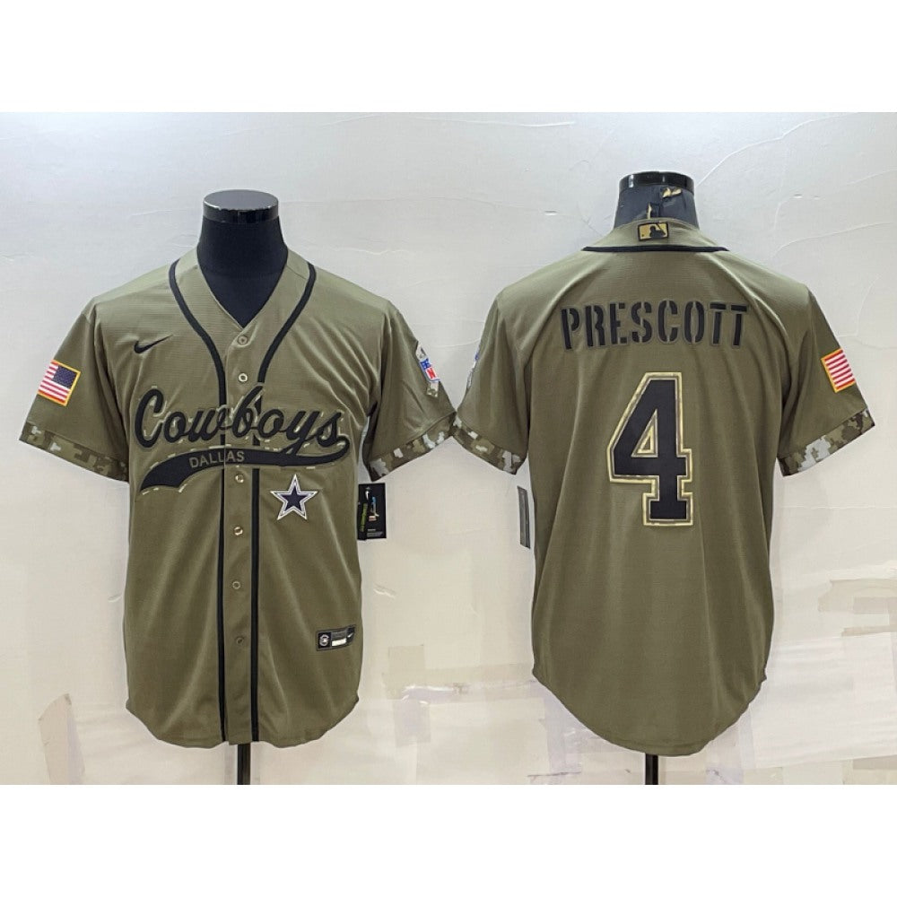 Men's Dallas Cowboys #4 Dak Prescott 2022 Olive Salute to Service Cool Base Stitched Baseball Jersey 