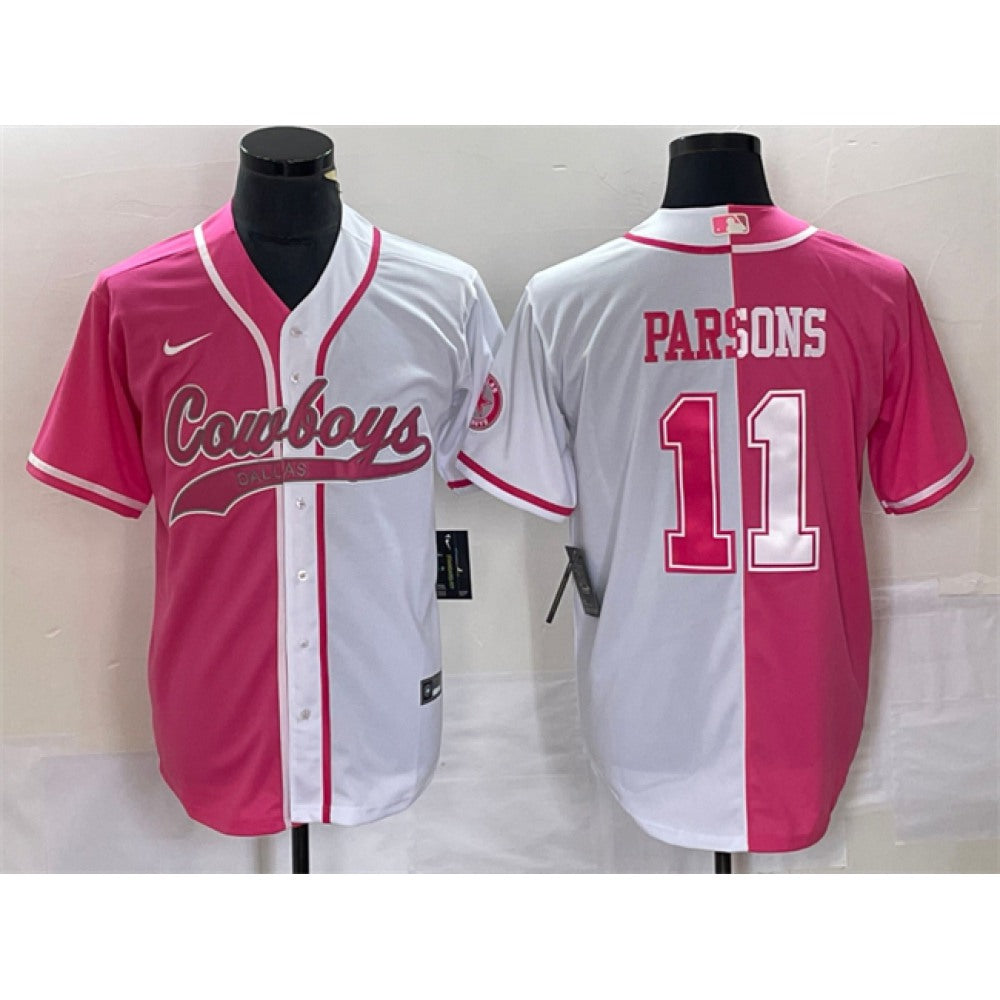 Men's Dallas Cowboys #11 Micah Parsons Pink/White Split Cool Base Stitched Baseball Jersey 