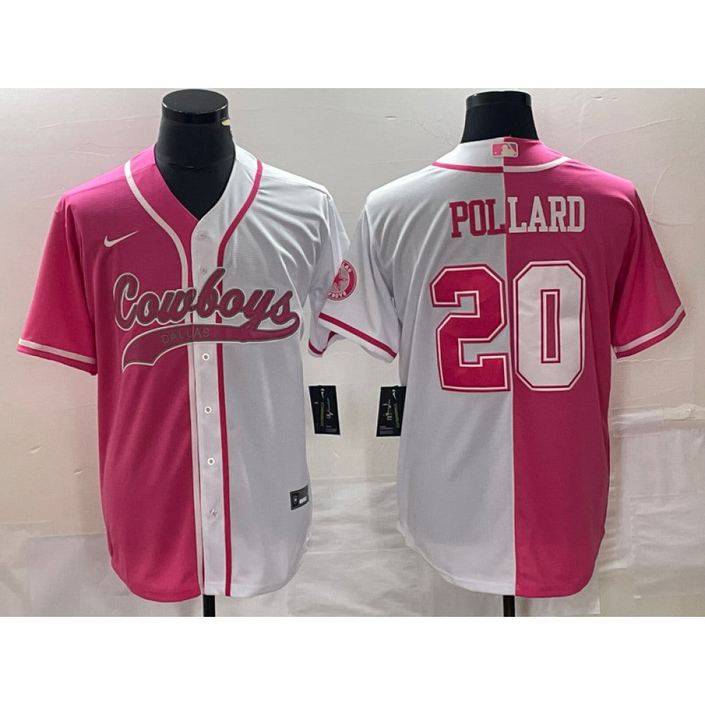 Men's Dallas Cowboys #20 Tony Pollard Pink/White Split Cool Base Stitched Baseball Jersey 