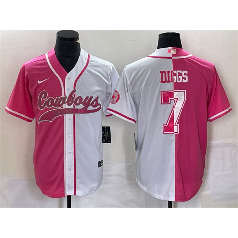 Men's Dallas Cowboys #7 Trevon Diggs Pink/White Split Cool Base Stitched Baseball Jersey 