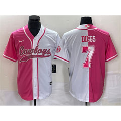 Men's Dallas Cowboys #7 Trevon Diggs Pink/White Split Cool Base Stitched Baseball Jersey 
