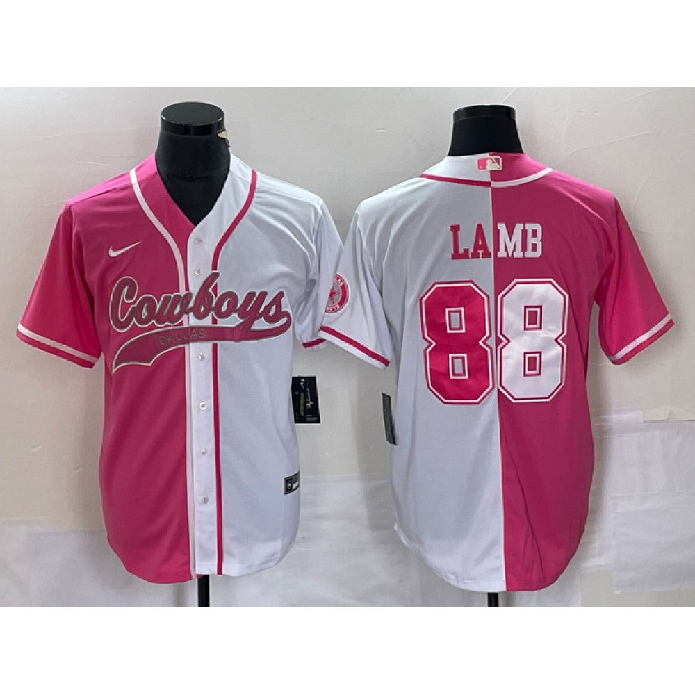 Men's Dallas Cowboys #88 CeeDee Lamb Pink/White Split Cool Base Stitched Baseball Jersey 