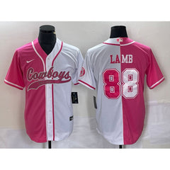 Men's Dallas Cowboys #88 CeeDee Lamb Pink/White Split Cool Base Stitched Baseball Jersey 