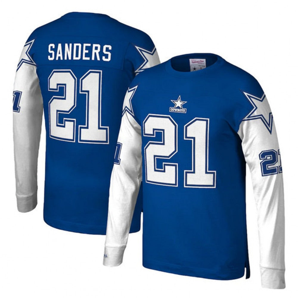 Men's Dallas Cowboys #21 Deion Sanders Royal Mitchell & Ness Throwback Long Sleeve Stitched Jersey 