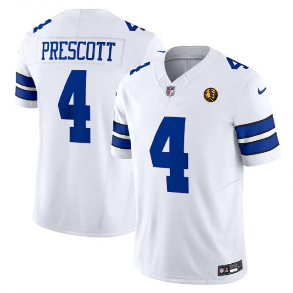 Men's Dallas Cowboys #4 Dak Prescott White 2023 F.U.S.E. With John Madden Patch Vapor Limited Stitched Football Jersey 