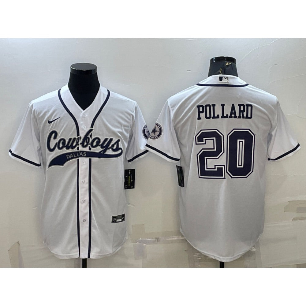 Men's Dallas Cowboys #20 Tony Pollard White With Patch Cool Base Stitched Baseball Jersey 