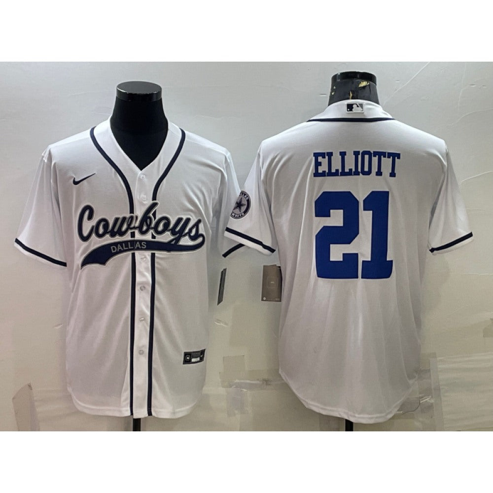 Men's Dallas Cowboys #21 Ezekiel Elliott White With Patch Cool Base Stitched Baseball Jersey 