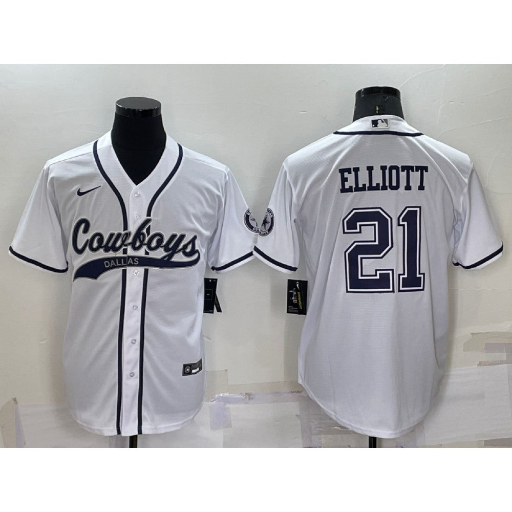 Men's Dallas Cowboys #21 Ezekiel Elliott White Cool Base Stitched Baseball Jersey 