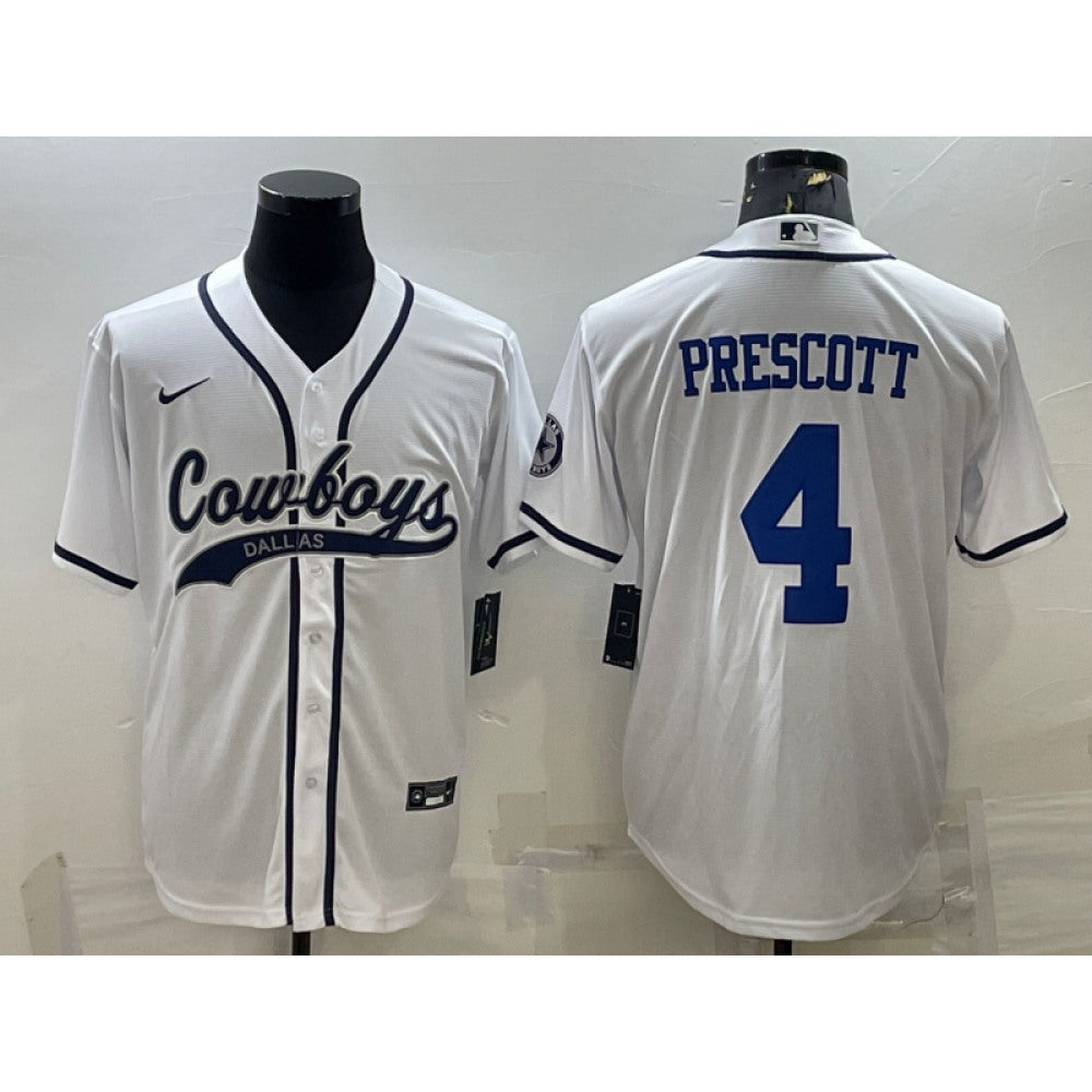 Men's Dallas Cowboys #4 Dak Prescott White With Patch Cool Base Stitched Baseball Jersey 