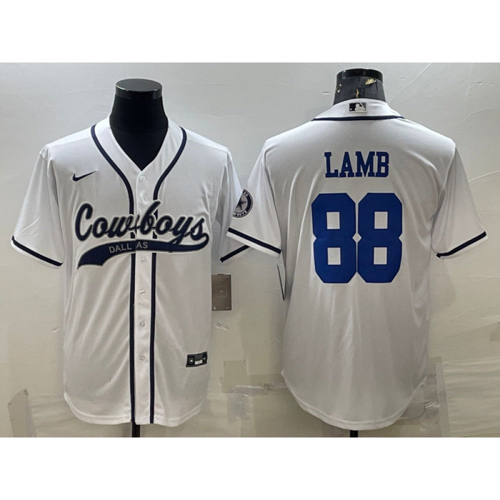 Men's Dallas Cowboys #88 CeeDee Lamb White With Patch Cool Base Stitched Baseball Jersey 