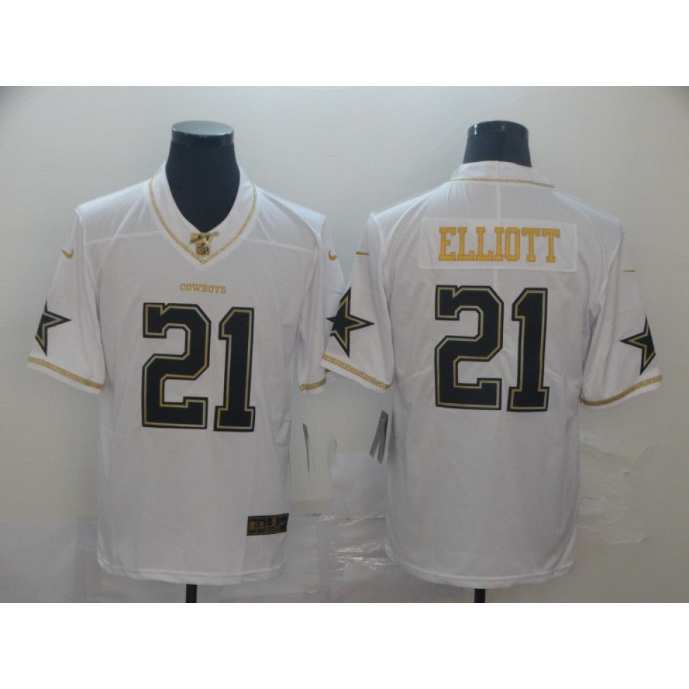 Men's Dallas Cowboys #21 Ezekiel Elliott White 2019 100th Season Golden Edition Stitched NFL Jersey 
