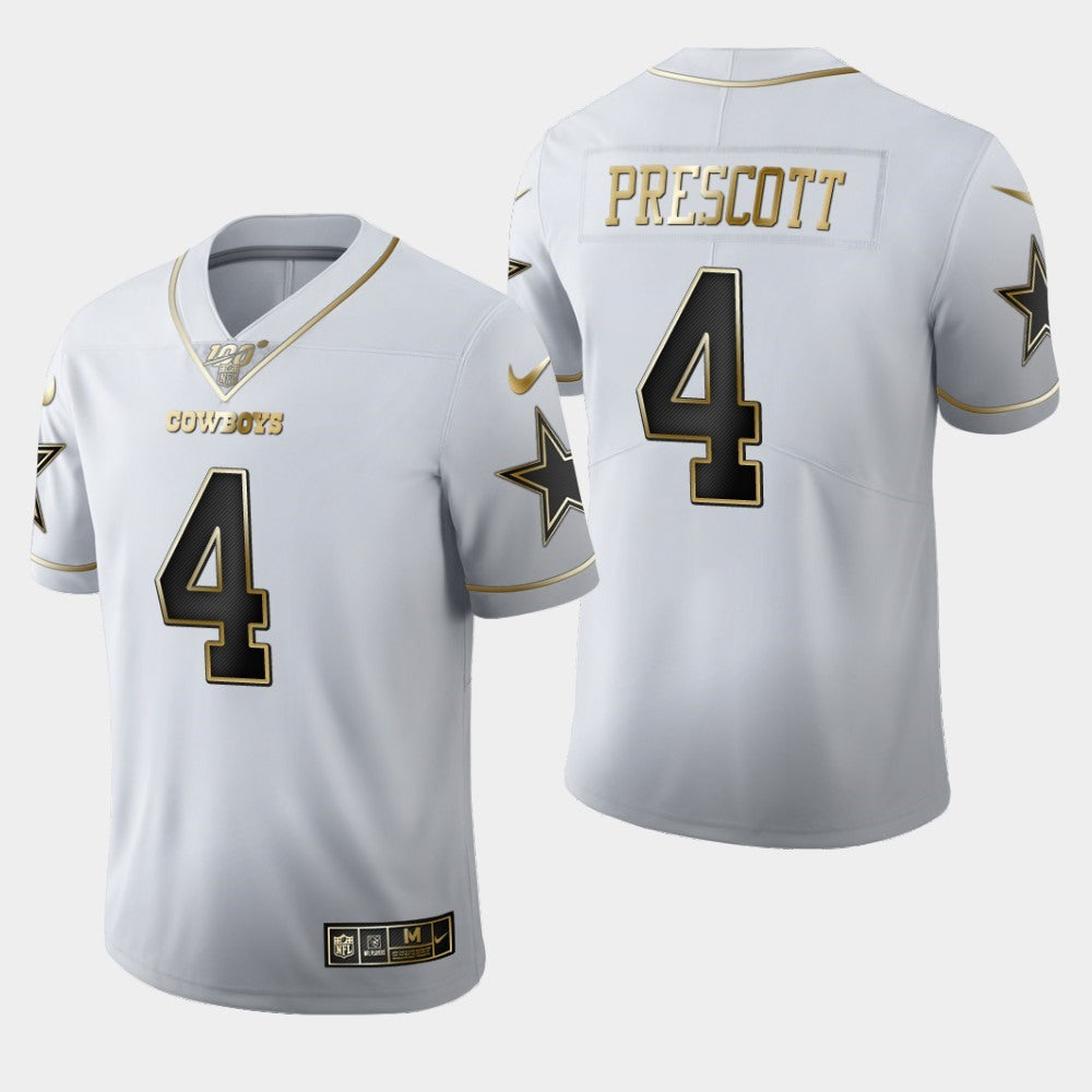 Men's Dallas Cowboys #4 Dak Prescott White 2019 100th Season Golden Edition Stitched NFL Jersey 