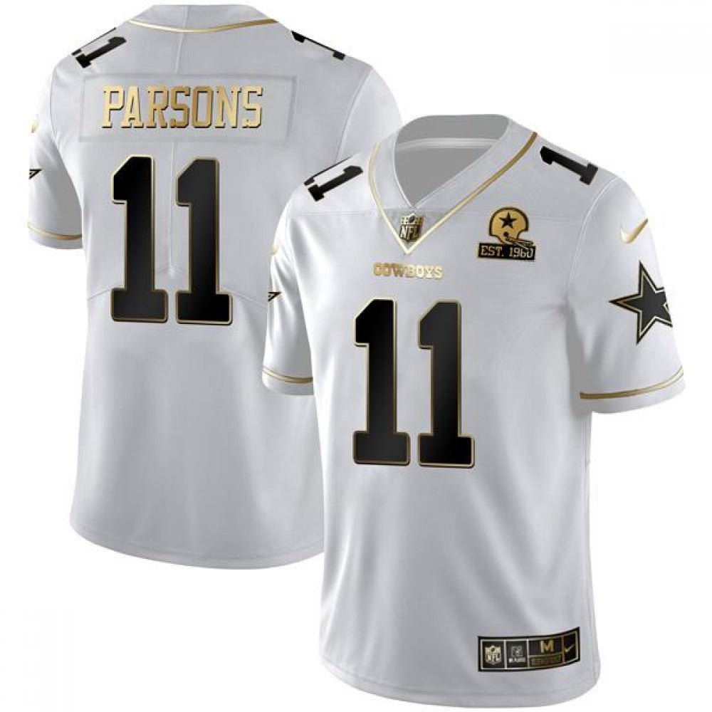 Men's Dallas Cowboys #11 Micah Parsons White Golden Edition With 1960 Patch Limited Stitched Jersey 