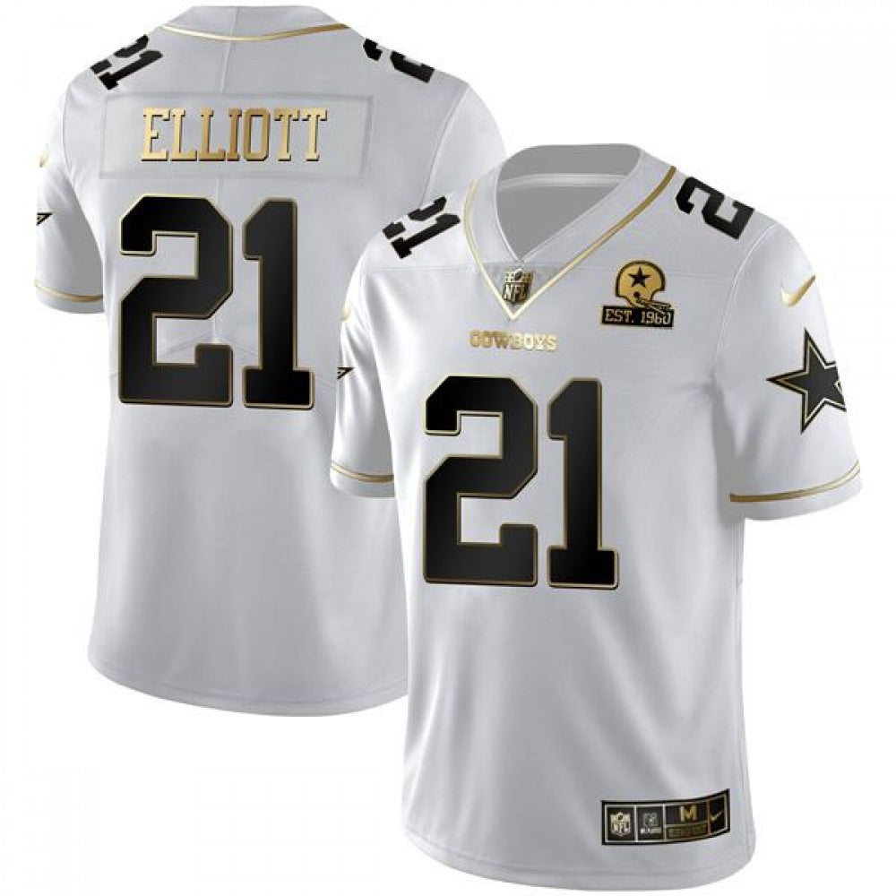 Men's Dallas Cowboys #21 Ezekiel Elliott White Golden Edition With 1960 Patch Limited Stitched Jersey 