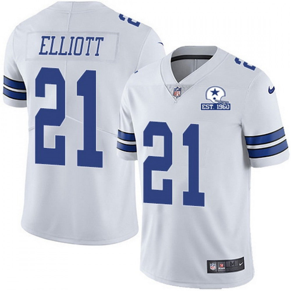 Men's Dallas Cowboys #21 Ezekiel Elliott White With Established In 1960 Patch Limited Stitched Jersey 