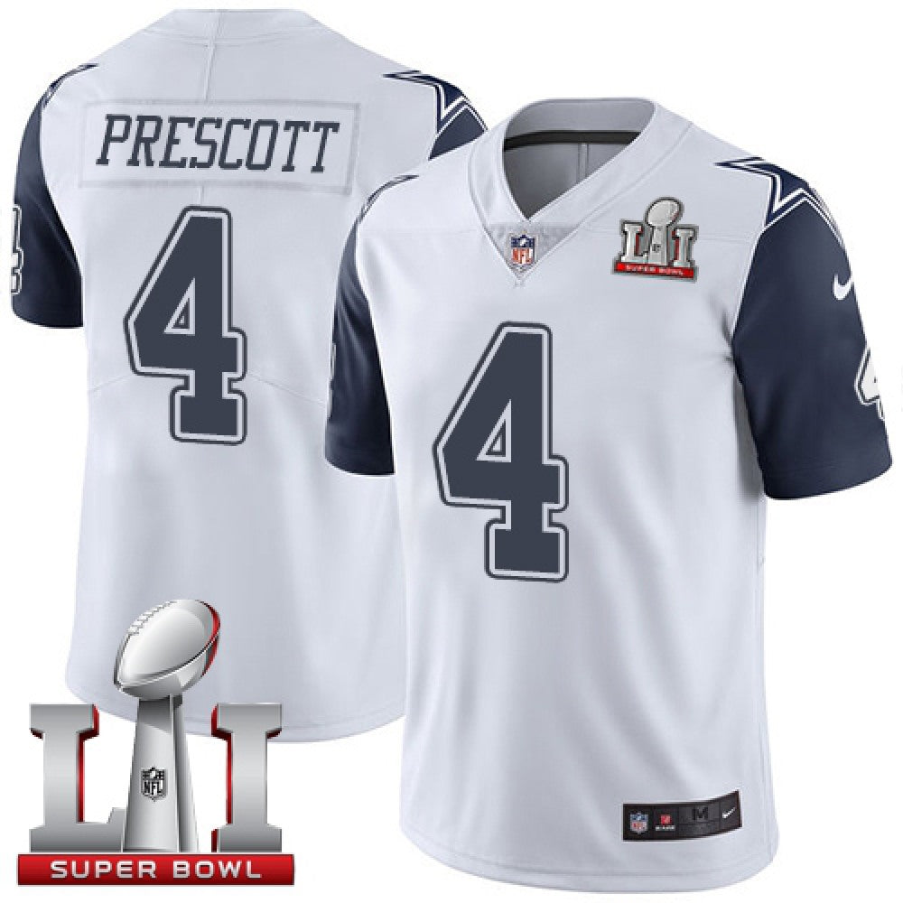 Cowboys #4 Dak Prescott White Men's Stitched NFL Super Bowl LI 51 Limited Rush Jersey 