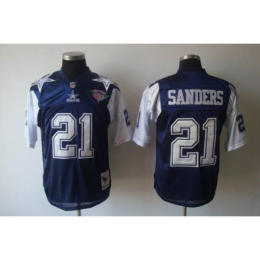 Mitchell & Ness Cowboys #21 Deion Sanders Blue/White With 75TH Stitched Throwback NFL Jersey 