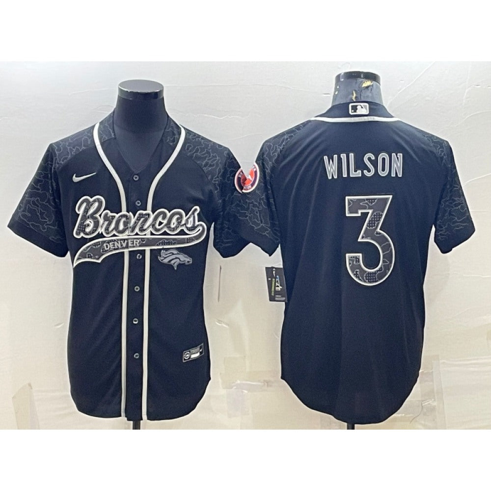 Men's Denver Broncos #3 Russell Wilson Black Reflective With Patch Cool Base Stitched Baseball Jersey 