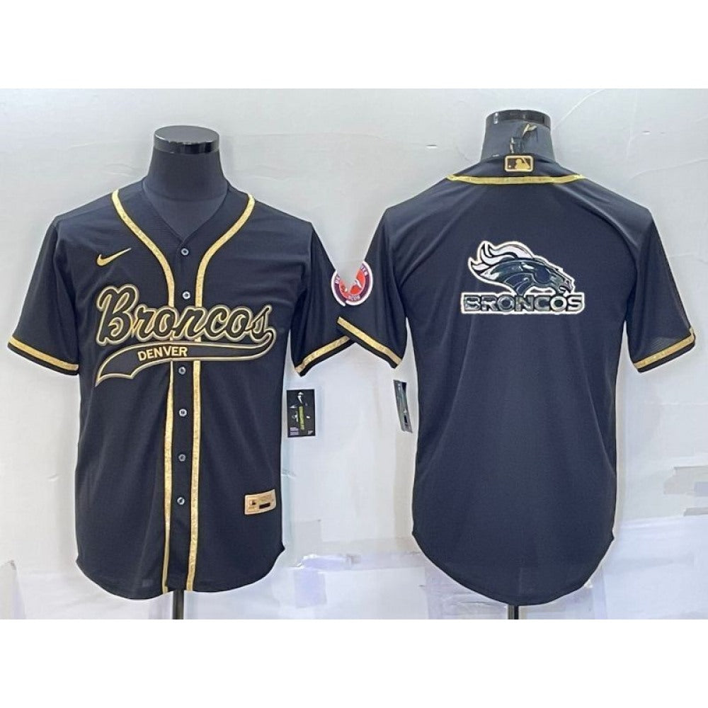 Men's Denver Broncos Black Gold Team Big Logo With Patch Cool Base Stitched Baseball Jersey 
