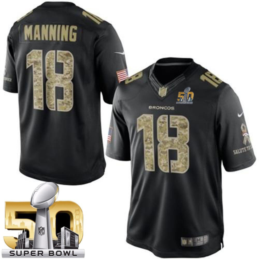 Broncos #18 Peyton Manning Black Super Bowl 50 Men's Stitched NFL Limited Salute to Service Jersey 