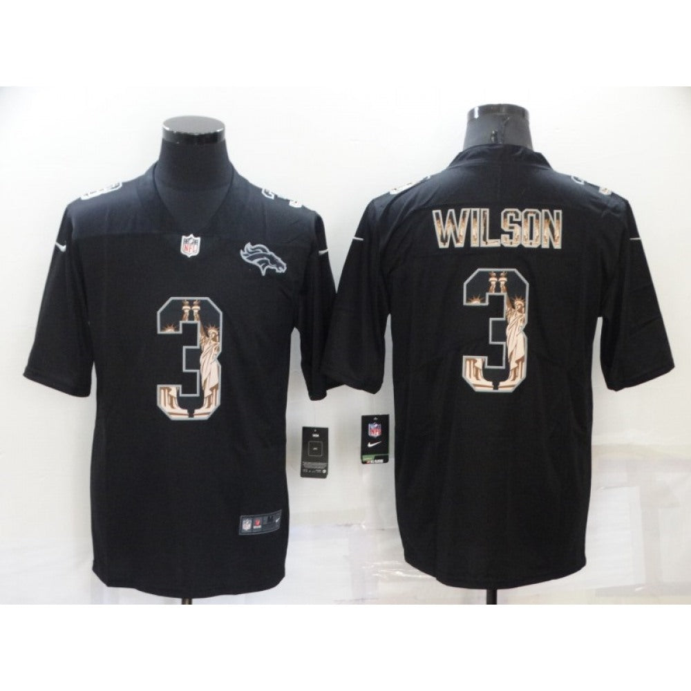 Men's Denver Broncos #3 Russell Wilson Black Statue of Liberty Limited Stitched Jersey 