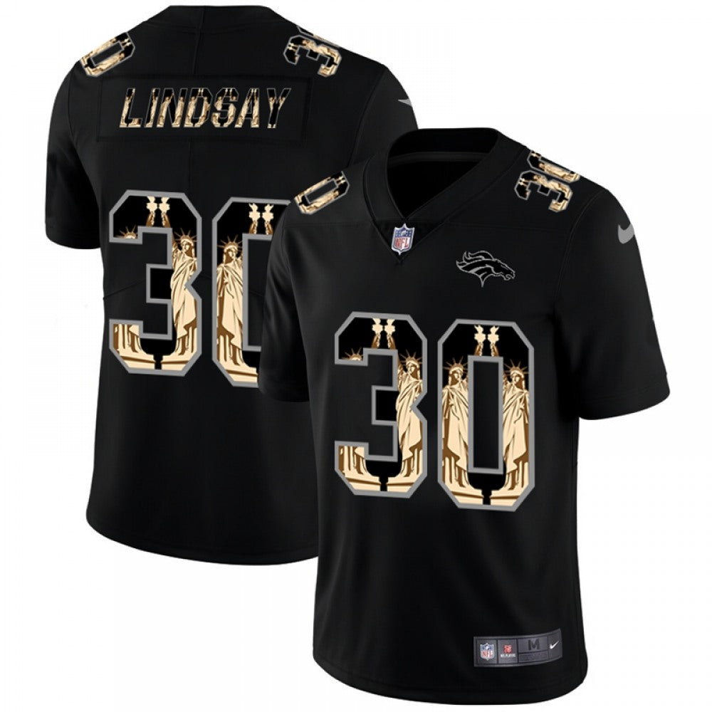 Men's Denver Broncos #30 Phillip Lindsay 2019 Black Statue of Liberty Limited Stitched NFL Jersey 