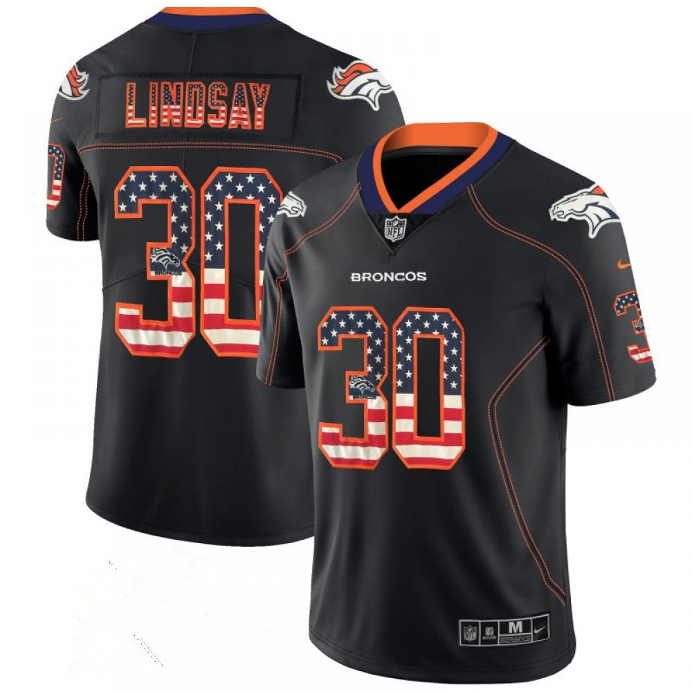 Men's Denver Broncos #30 Phillip Lindsay Black 2018 USA Flag Fashion Color Rush NFL Limited Stitched Jersey 