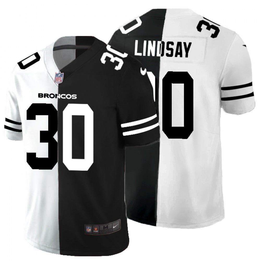Men's Denver Broncos #30 Phillip Lindsay Black & White Split Limited Stitched Jersey 