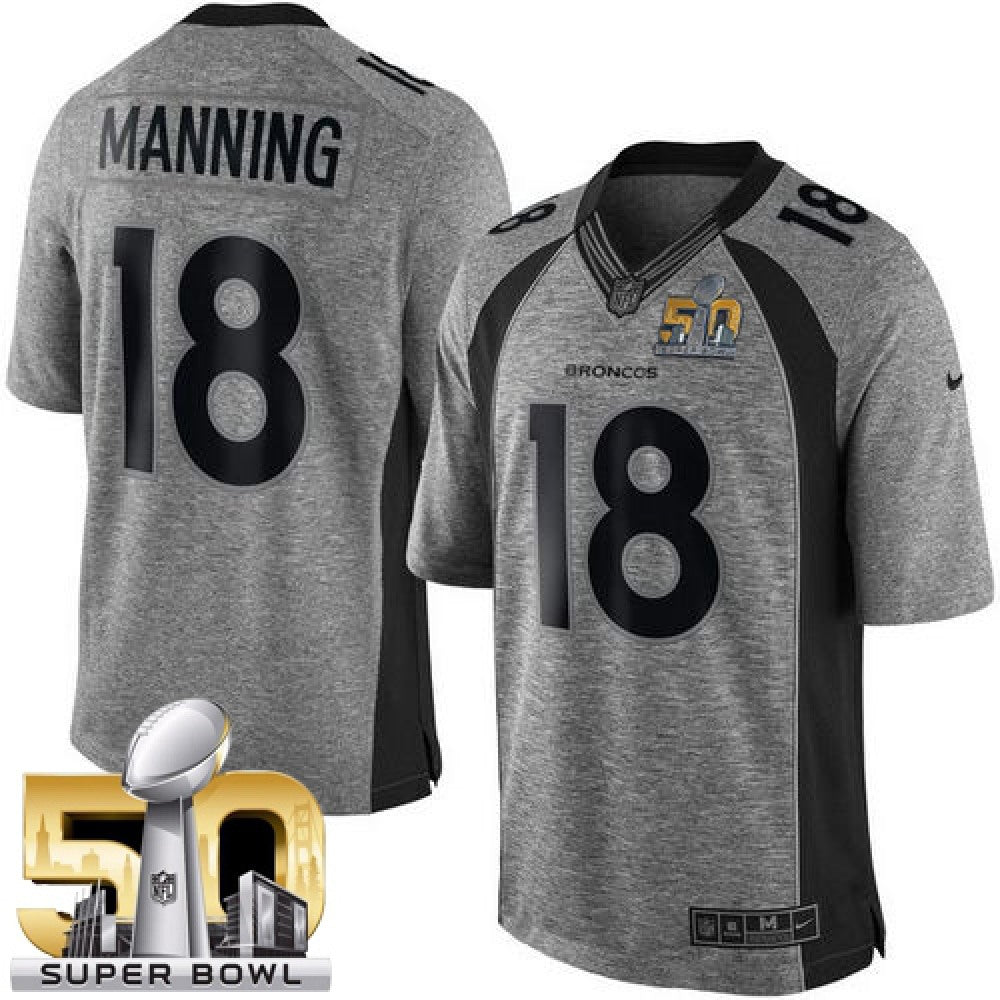 Broncos #18 Peyton Manning Gray Super Bowl 50 Men's Stitched NFL Limited Gridiron Gray Jersey 