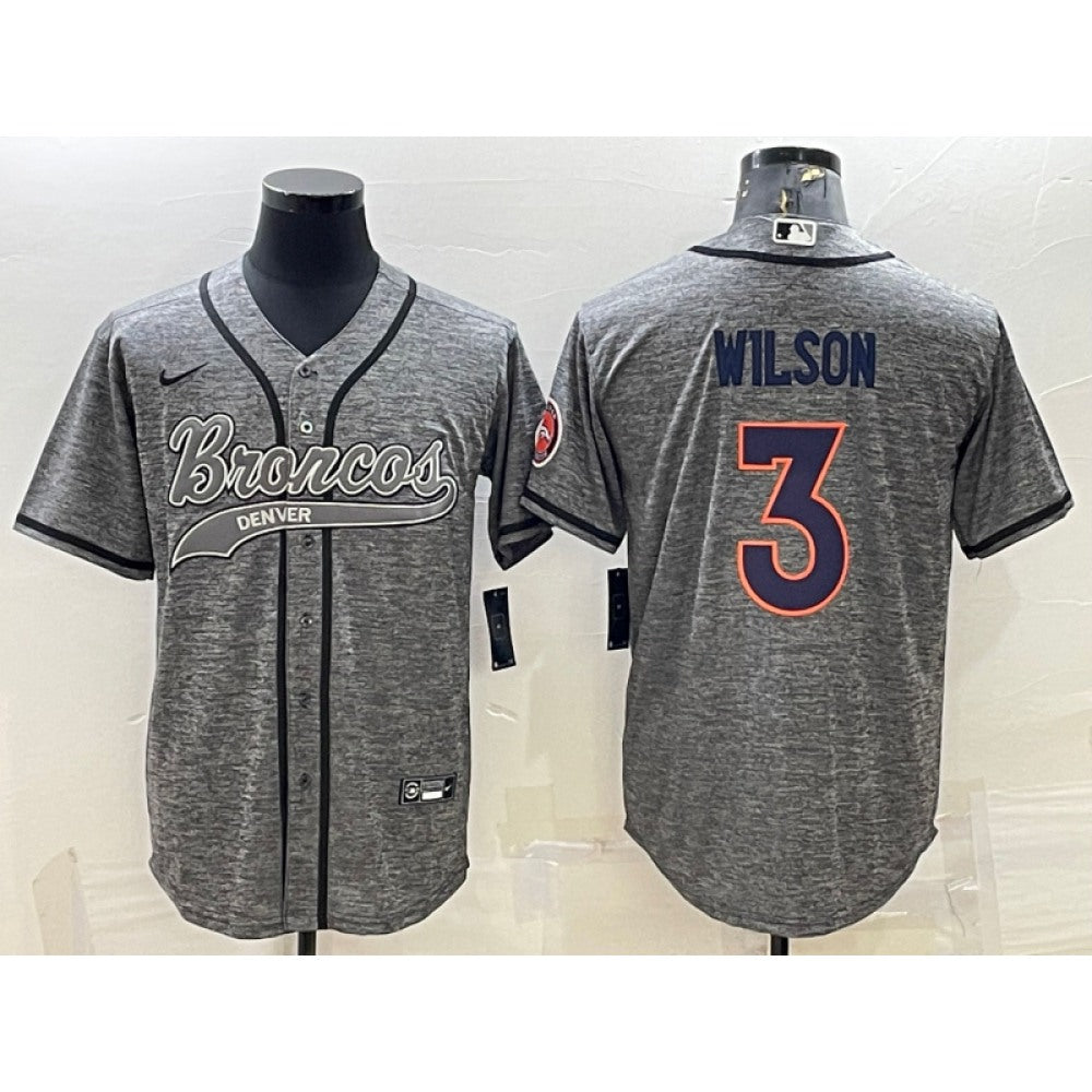 Men's Denver Broncos #3 Russell Wilson Grey With Patch Cool Base Stitched Baseball Jersey 
