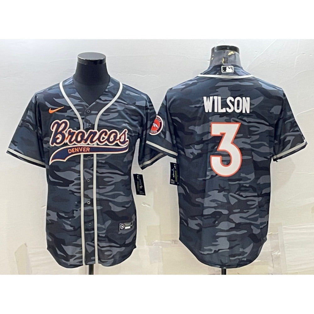 Men's Denver Broncos #3 Russell Wilson Grey Camo With Patch Cool Base Stitched Baseball Jersey 