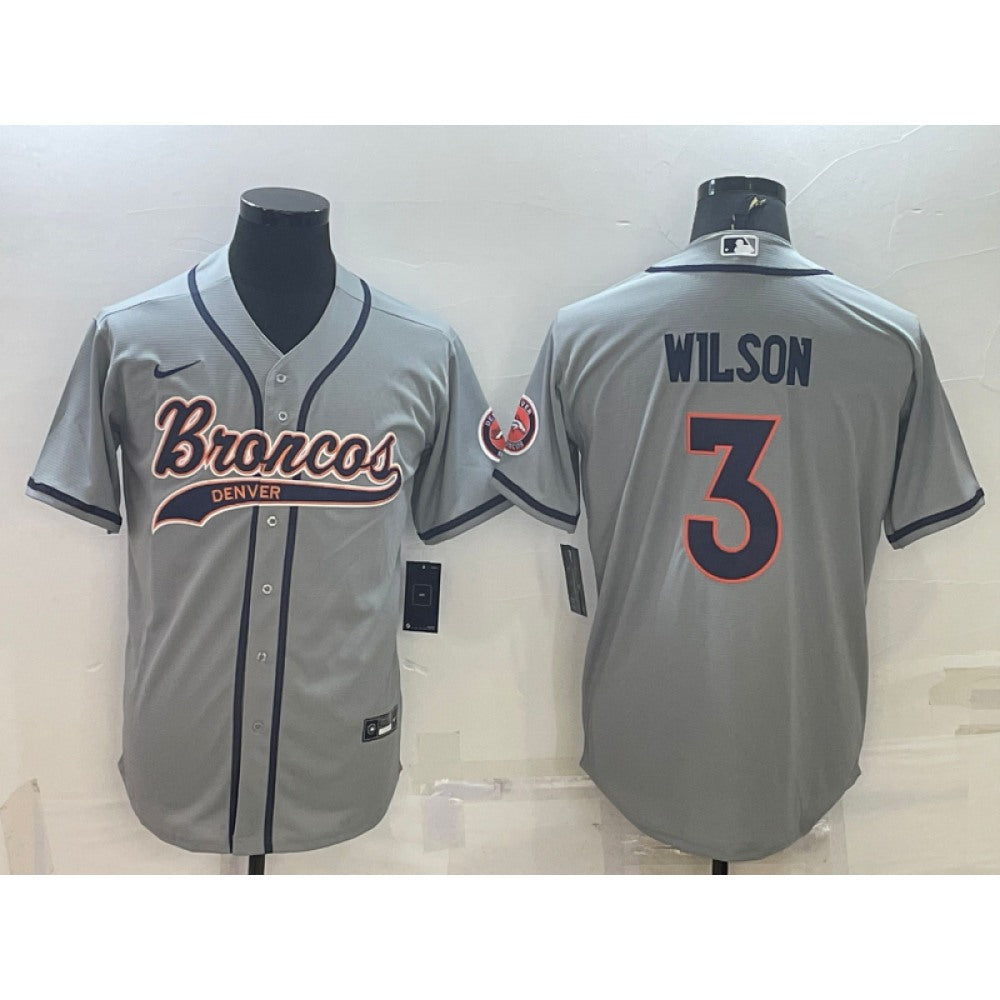 Men's Denver Broncos #3 Russell Wilson Grey With Patch Cool Base Stitched Baseball Jersey 