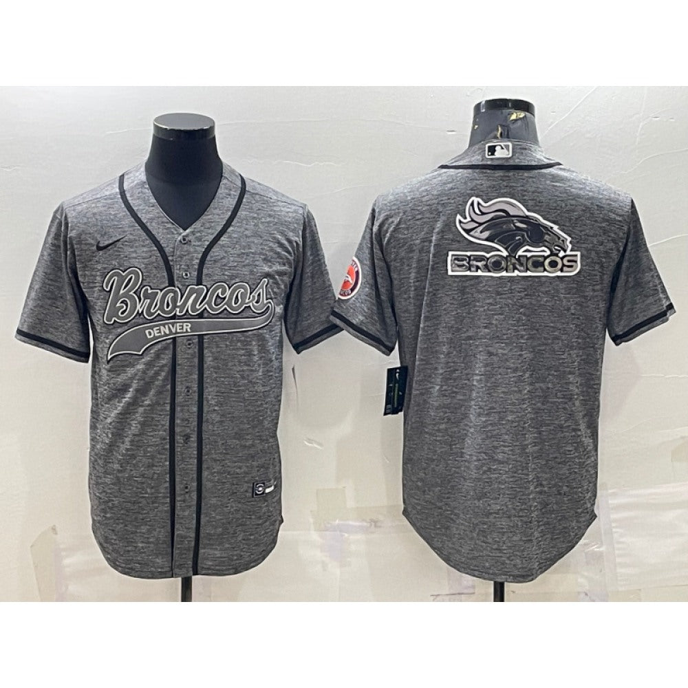 Men's Denver Broncos Grey Team Big Logo With Patch Cool Base Stitched Baseball Jersey 