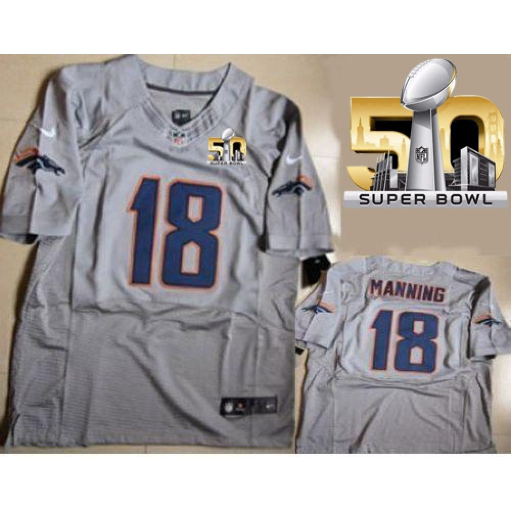 Broncos #18 Peyton Manning New Grey Shadow Super Bowl 50 Men's Stitched NFL Elite Jersey 