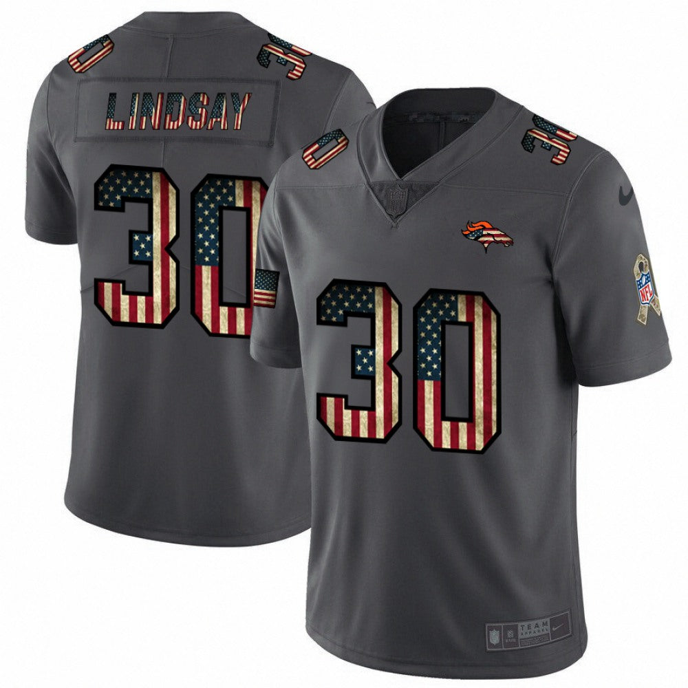 Men's Denver Broncos #30 Phillip Lindsay Grey 2019 Salute To Service USA Flag Fashion Limited Stitched NFL Jersey 