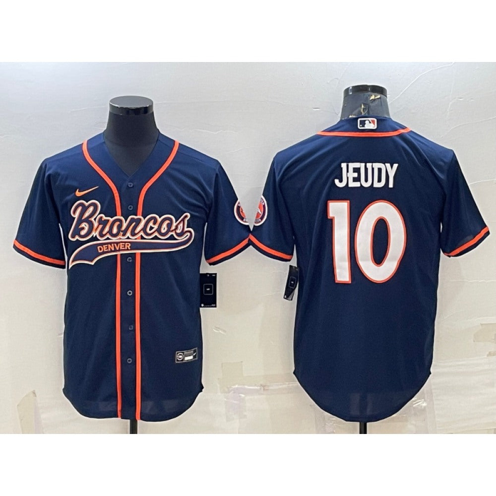 Men's Denver Broncos #10 Jerry Jeudy Navy With Patch Cool Base Stitched Baseball Jersey 