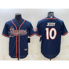 Men's Denver Broncos #10 Jerry Jeudy Navy With Patch Cool Base Stitched Baseball Jersey 