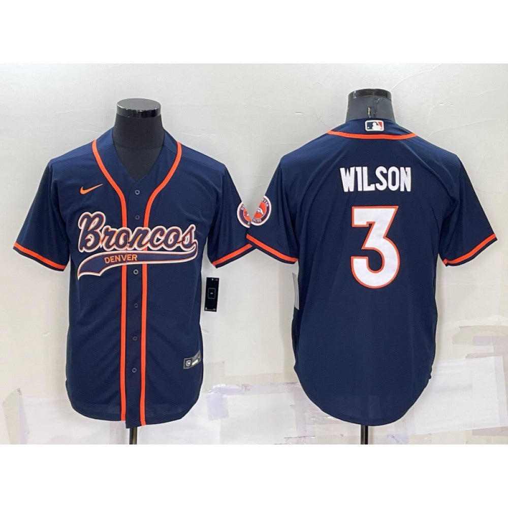 Men's Denver Broncos #3 Russell Wilson Navy Cool Base Stitched Baseball Jersey 