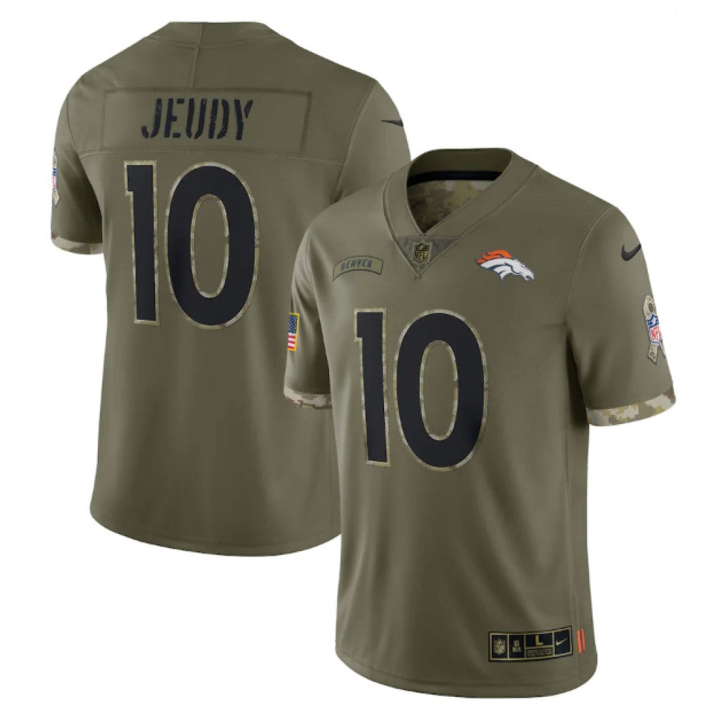 Men's Denver Broncos #10 Jerry Jeudy Olive 2022 Salute To Service Limited Stitched Jersey 