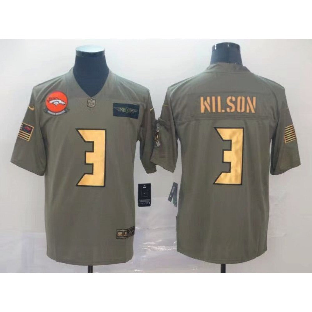 Men's Denver Broncos #3 Russell Wilson Olive/Gold Salute To Service Limited Stitched Jersey 