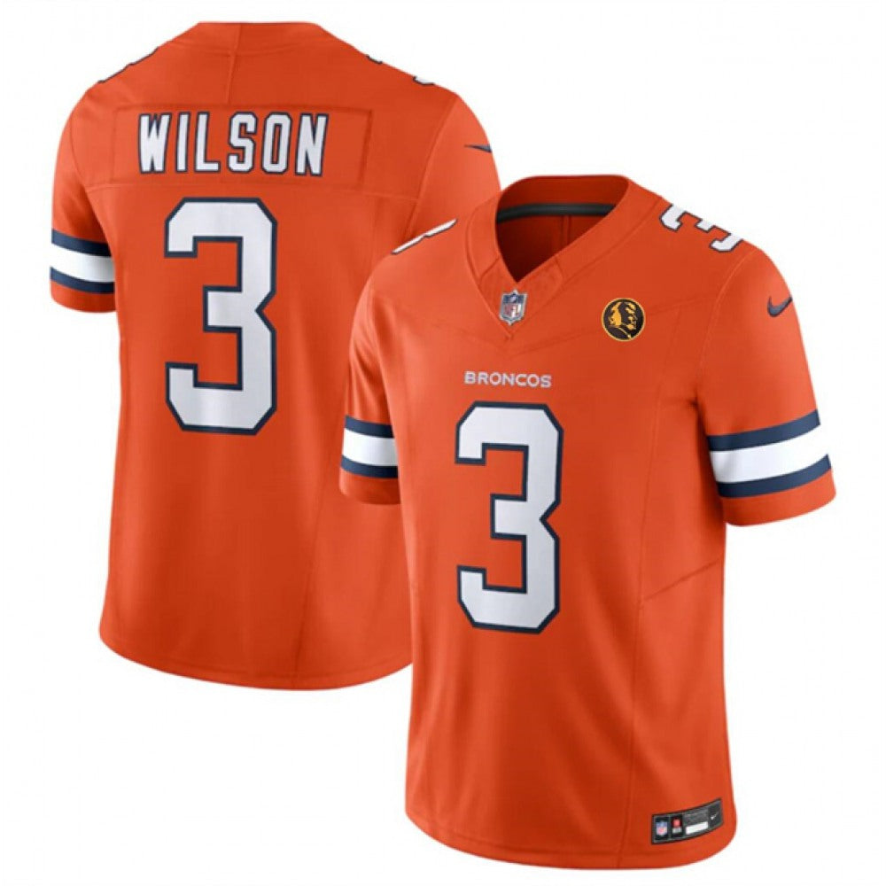 Men's Denver Broncos #3 Russell Wilson Orange 2023 F.U.S.E. With John Madden Patch Vapor Limited Stitched Football Jersey 