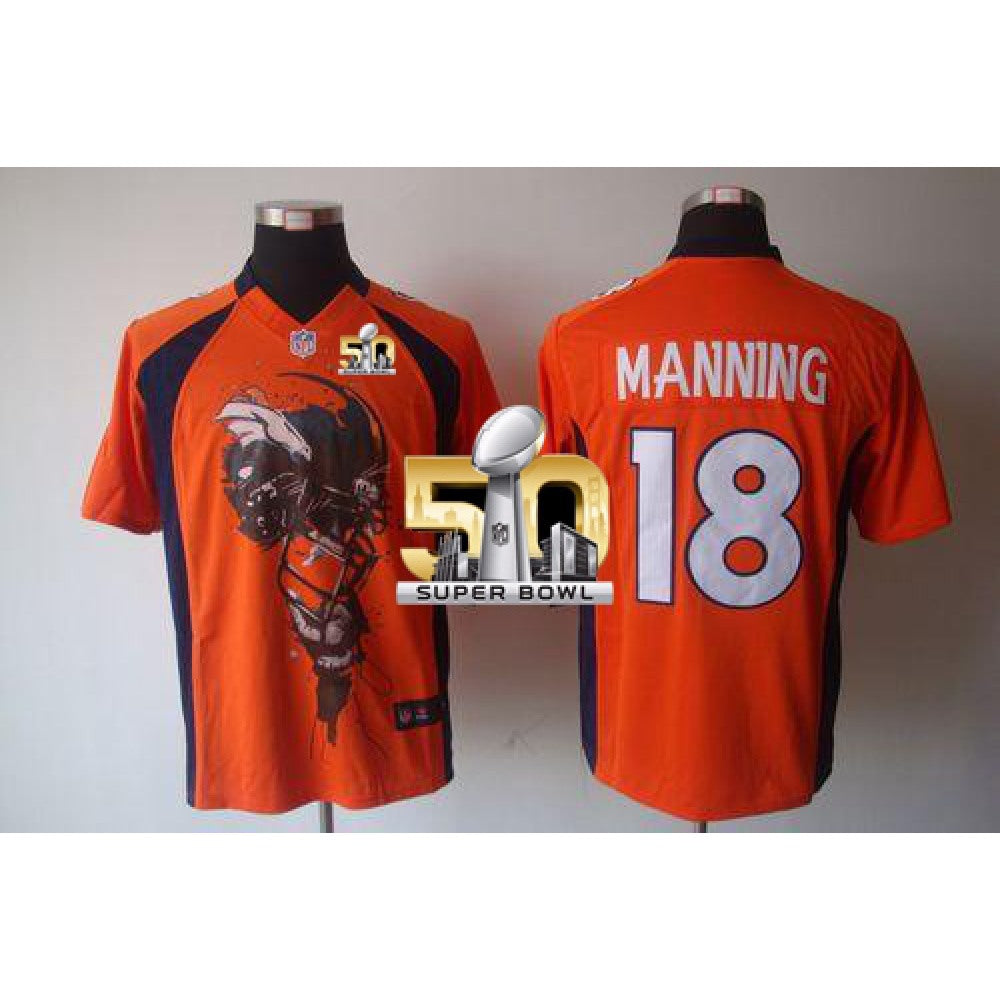 Broncos #18 Peyton Manning Orange Team Color Super Bowl 50 Men's Stitched NFL Helmet Tri-Blend Limited Jersey 